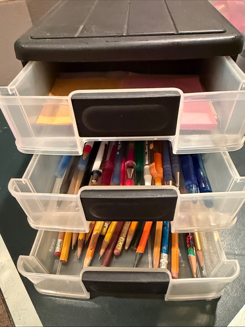 Clear Plastic 3-Drawer Organizer with Poss its, pencils, and pens included